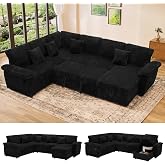 Poblink Modular Sectional Sleeper Sofa with Pull Out Bed, 104" U Shaped 7 Seat Cloud Sectional Couches for Living Room, Comfy Corduroy Couch Sofa Bed with Storage Chaise, USB Charging, Black