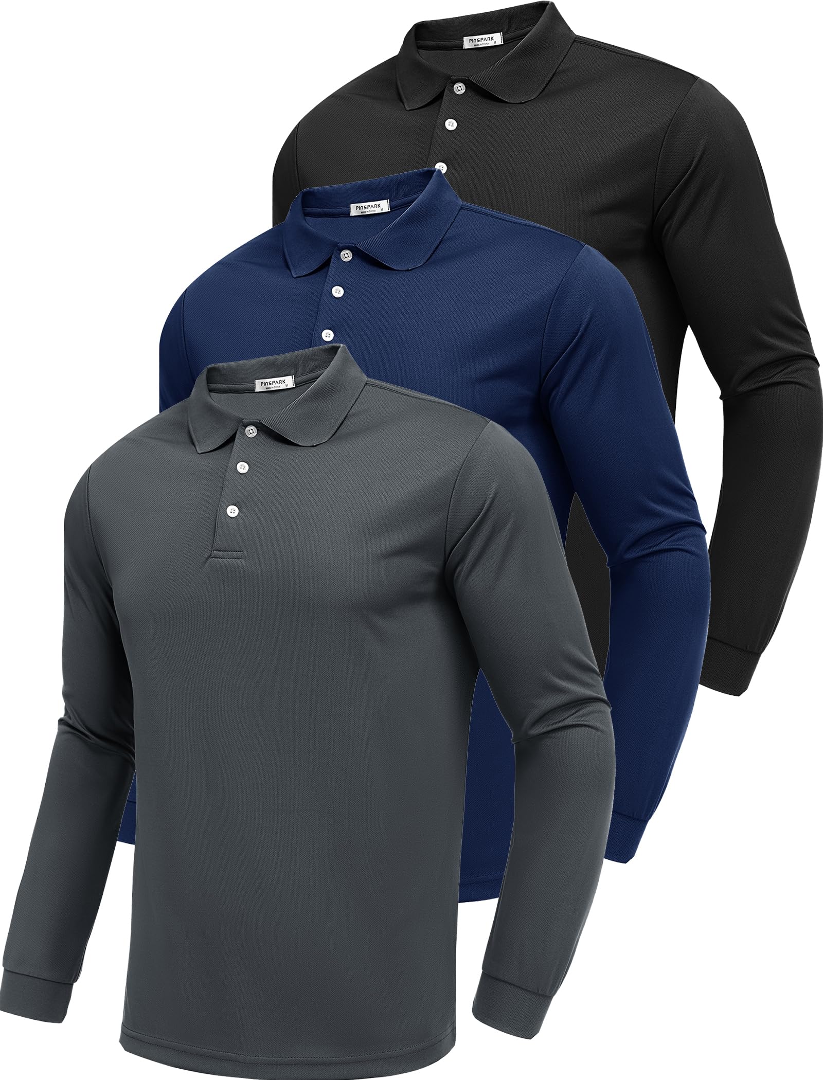 PINSPARK 3 Pack Men's Long Sleeve Golf Polo Shirts Athletic Casual Travel Performance Collar Shirts Lightweight Quick Dry