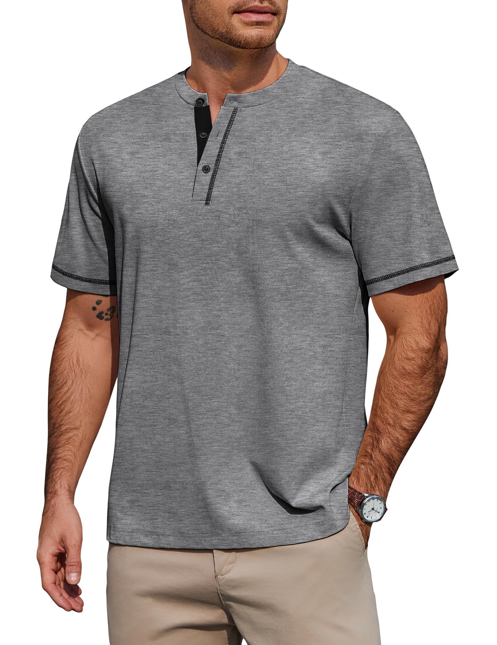 COOFANDY T Shirt Herren Baumwolle Herren Tshirt mit Knopfleiste Sommer Tee Männer Freizeit Shirt Regular Fit Dunkelgrau L