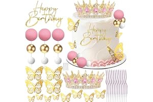 AMZVALU Crown Cake Topper, Balls Happy Birthday Cake Topper Pink Crown Birthday Candles Gold Butterflies, Corona Para Pastel, Cake Decorations for Birthday Wedding (Gold, Pink)