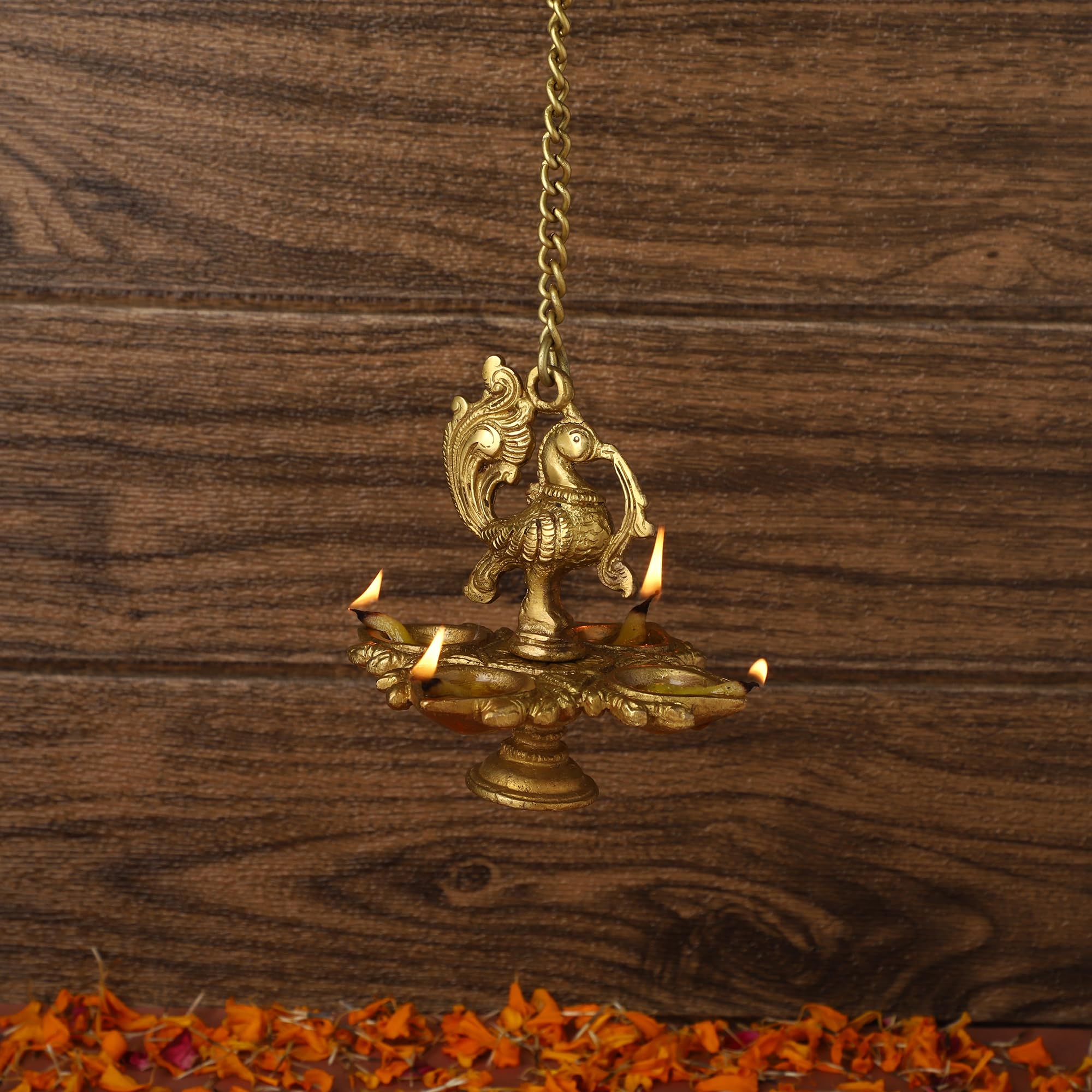 Purpledip Brass Peacock Hanging Diya Deepak Oil Lamp in Copper Finish: for Home Temple, Door, Hallway, Porch Or Balcony; Unique D?cor Gift (10982)