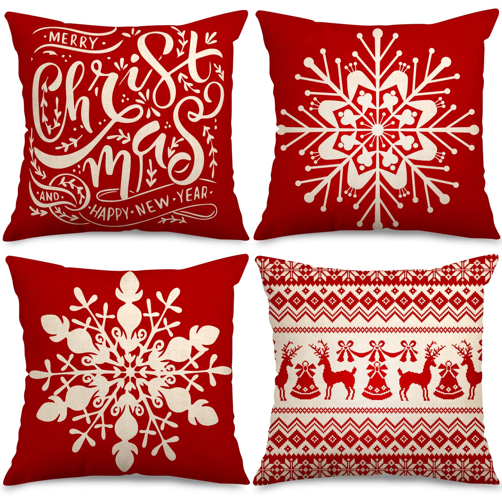 Whaline Christmas Pillow Case Red White Pillow Cover Snowflake Cushion Cases Throw Cushion Cover for Home Office Sofa Bed Christmas New Year Party Decor, 4Pcs, 18" x 18"