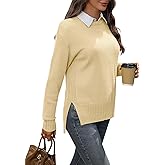 AMZANGEL Women's Merino Wool Blend Sweater Crew Neck Side Slit Pullover