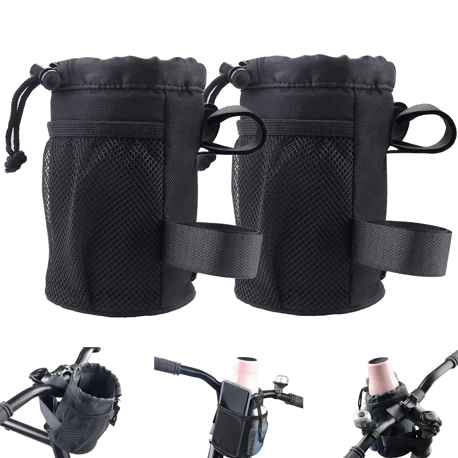 Photo 1 of 2 Pack Bike Cup Holder Bag Bicycle Handlebar Water Bottle Holder with Mesh Oxford Pocket Phone Drink Cup Holder for Mountain Bikes,Road Bikes,e-Bike,Kids Bikes,Wheelchairs,Cruisers, etc