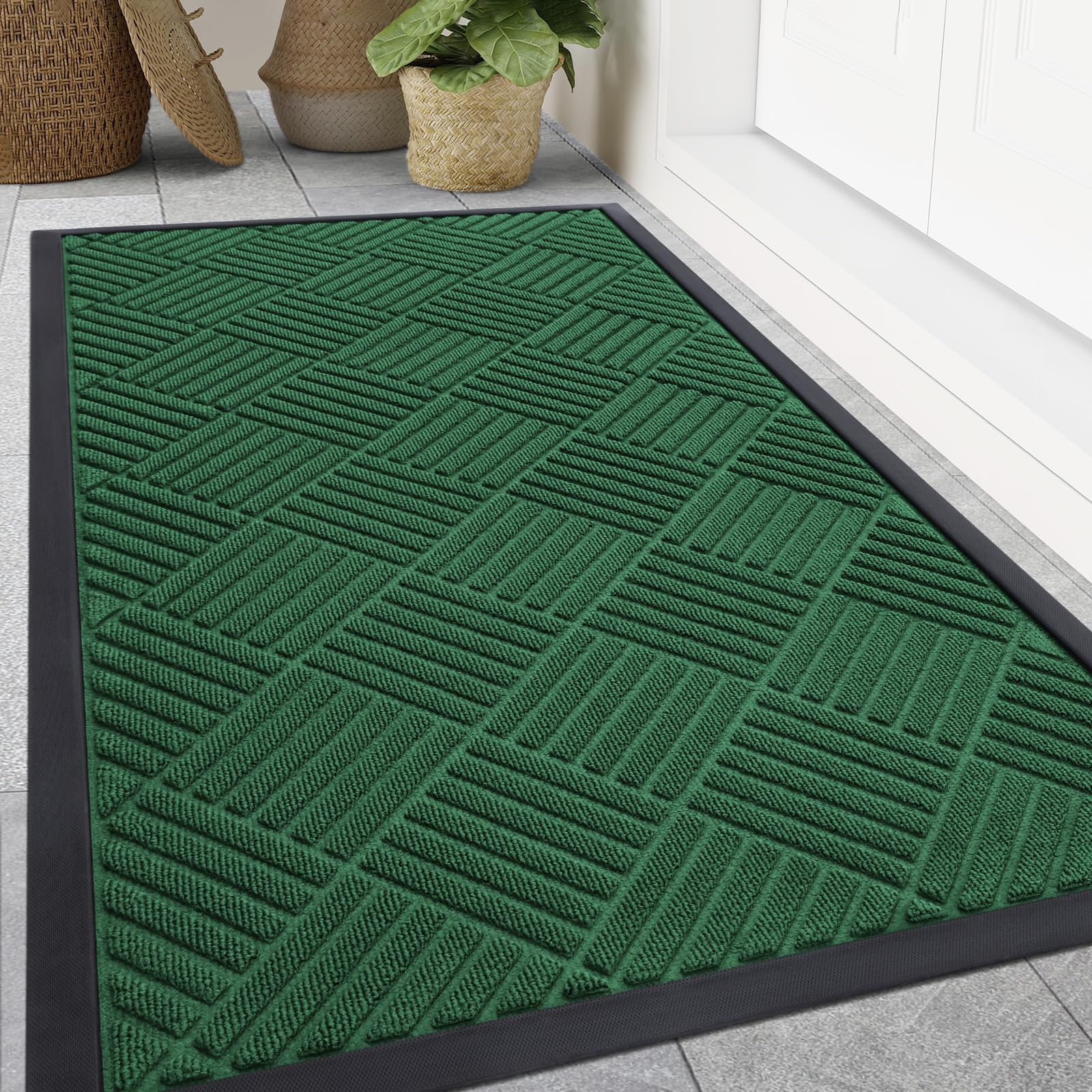 Smiry Front Door Mat Outside Entrance, Heavy Duty Outdoor Indoor Natural Rubber Doormat, Non Slip, Trap Dirt and Moisture, Easy Clean, Low Profile Patio Porch Entryway Mat, 71x47, Green Image