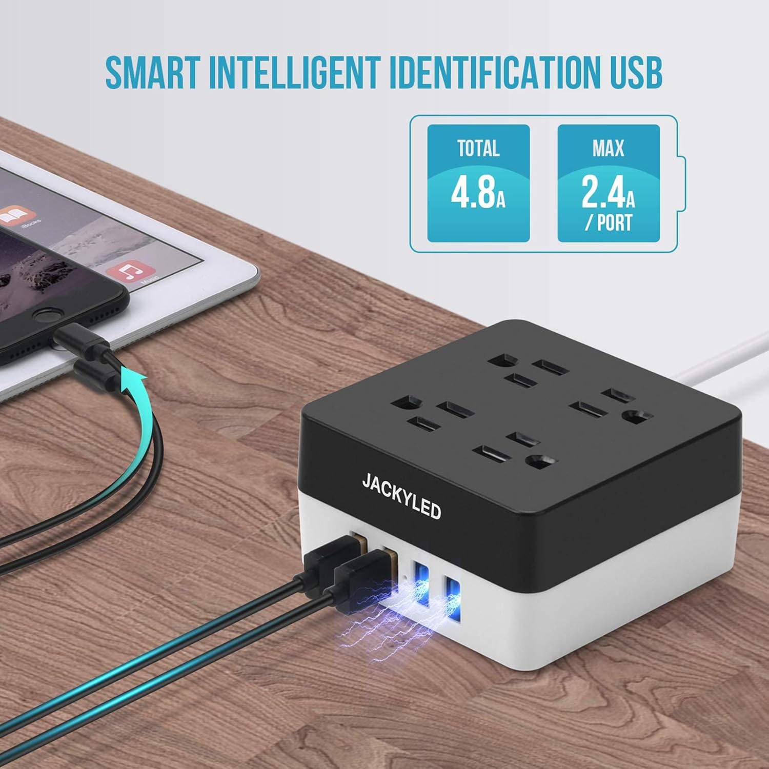Surge Protector Square Power Strip JACKYLED 9.8ft Long Cord 4 Outlets 4 USB Ports 4.8A Smart Fast Charging Station 900J Portable Charger for Home Office: Home Audio & Theater