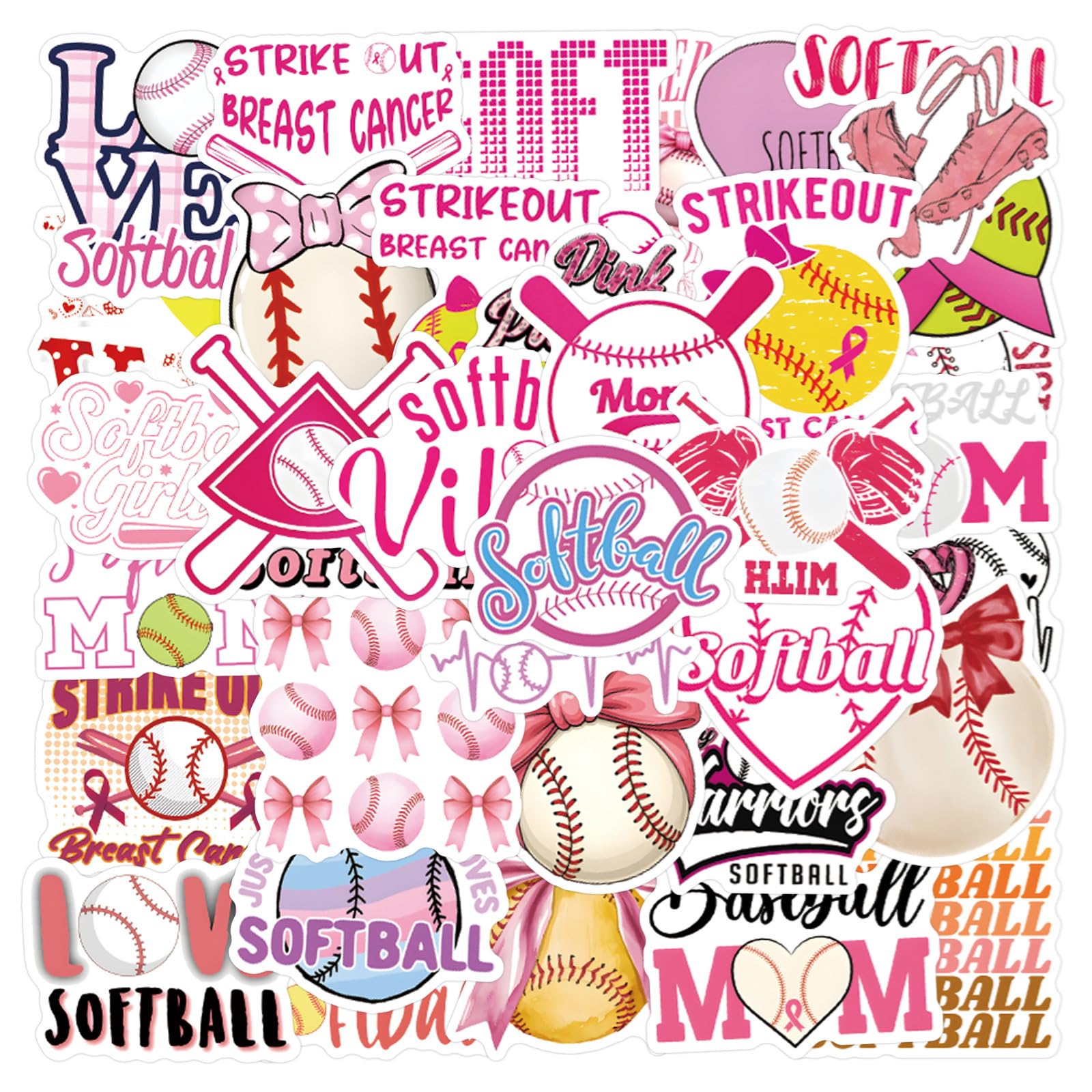 Softball Stickers,50PCS Cute Pink Softball Vinyl Waterproof Stickers for Water Bottles, Helmets, Luggage, Teaching Incentives, Party Favors, Gifts for Girls, Kids, Teens and Adults (Colourful)