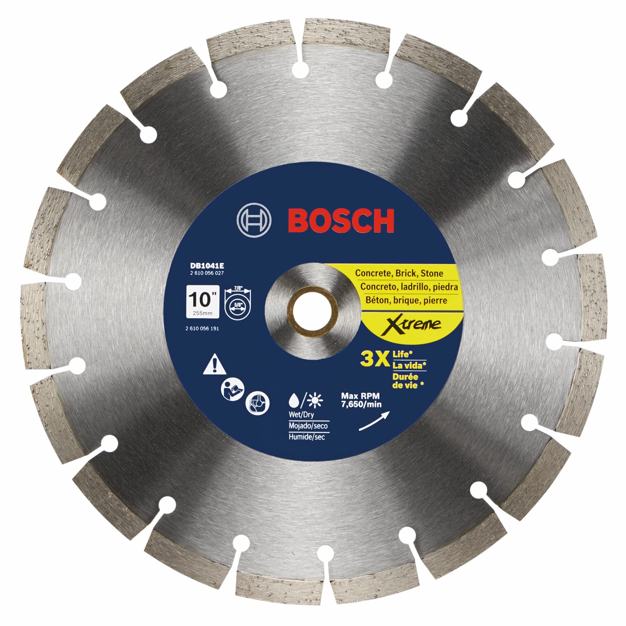 BOSCH DB1041E 10 in. Xtreme Segmented Rim Diamond Blade with 5/8 in., 7/8 in. Arbor for Fast Cut Wet/Dry Cutting Applications in Concrete, Brick, Stone Image