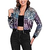 Anna-Kaci Women's Sparkly Sequin Cropped Jacket Long Sleeve Zipper Up Party Club Bomber Jacket