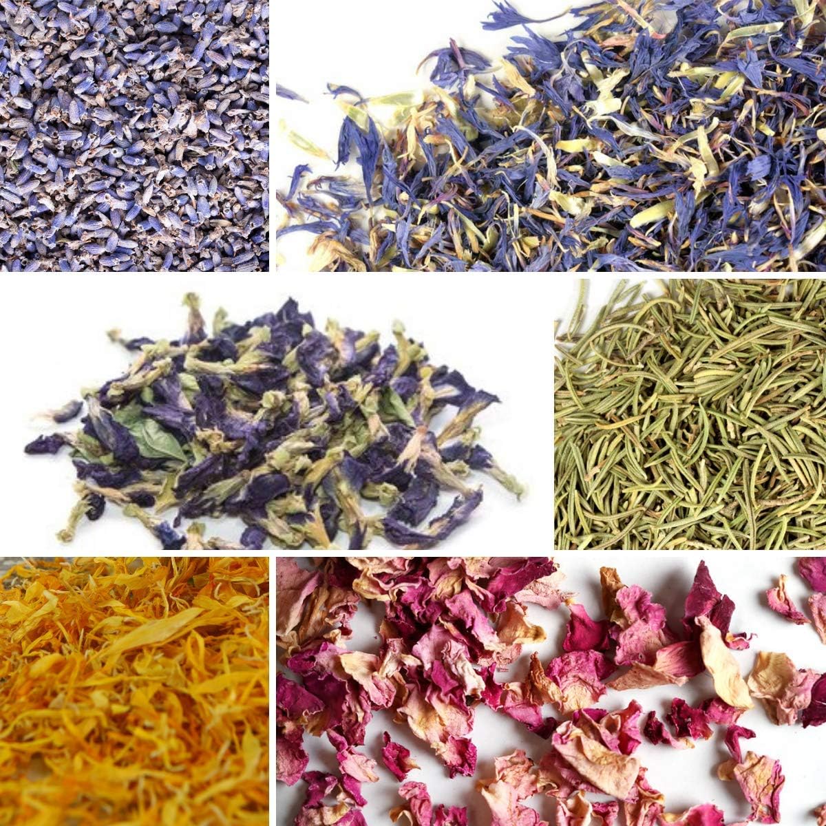 bMAKER Flower Kit - 6 Packets of French Lavender, Butterfly Pea Flower, Rosemary, Cornflower Whole, Calendula Petals, Pink Rose Petals and Rose Absolute Oil