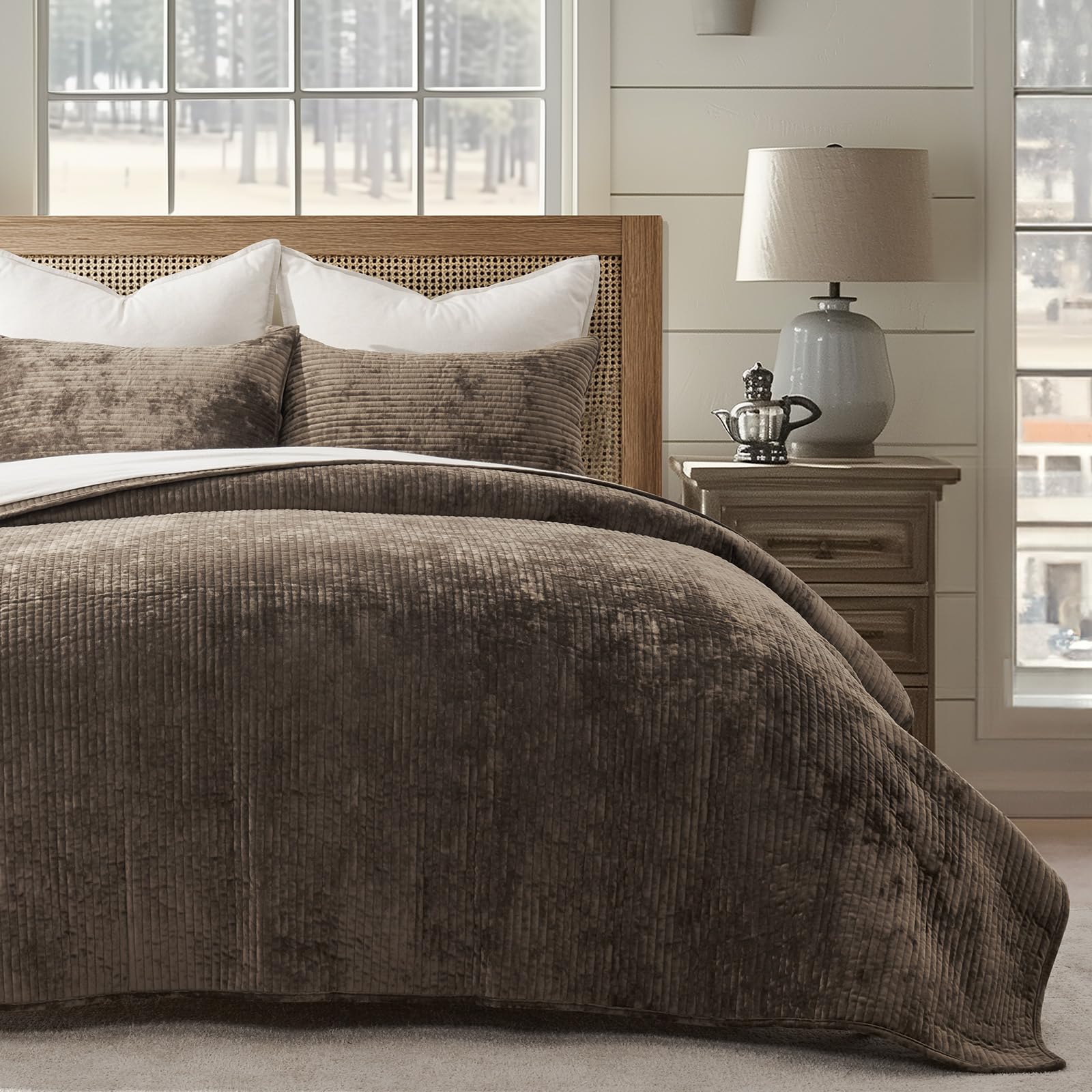 Photo 1 of EVERGRACE Velvet Quilt Set King Size, Luxurious Soft Quilted Bedding Sets, Lightweight Velvet Comforter for All Season, Striped Channel Bedspread Coverlet with 2 Shams, Mushroom Brown