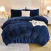 Andency Fluffy Navy Blue Comforter Set Full Size, 3 Pieces Winter Faux Fur Warm Soft Fuzzy Plush Bedding Comforter Set (1 Velvet Comforter & 2 Pillowcases), Thick Heavy Comfy Comforters Bedding Set
