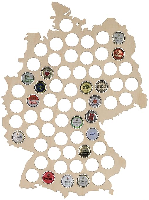 LAUBLUST Bierkarte aus Holz - Deutschland-Karte Design - 44 x 33 x 0,6 cm, Natur | 63 Fächer | Kronkorken-Sammler als Lustige
