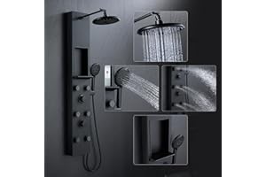 POPFLY Shower Panel Tower System Adjustable Shower Arm Height Rainfall Head System Stainless Steel Shower Panel with Shelf and 6 Body Massage Jets, Bathroom Black Shower Column Panel