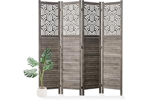 Svimi Folding Room Divider, 66.9 Inch 4 Panels Wood Carved Privacy Screens, Free Assembled Freestanding Portable Separation Wall for Home Office Restaurant Bedroom (Gray)