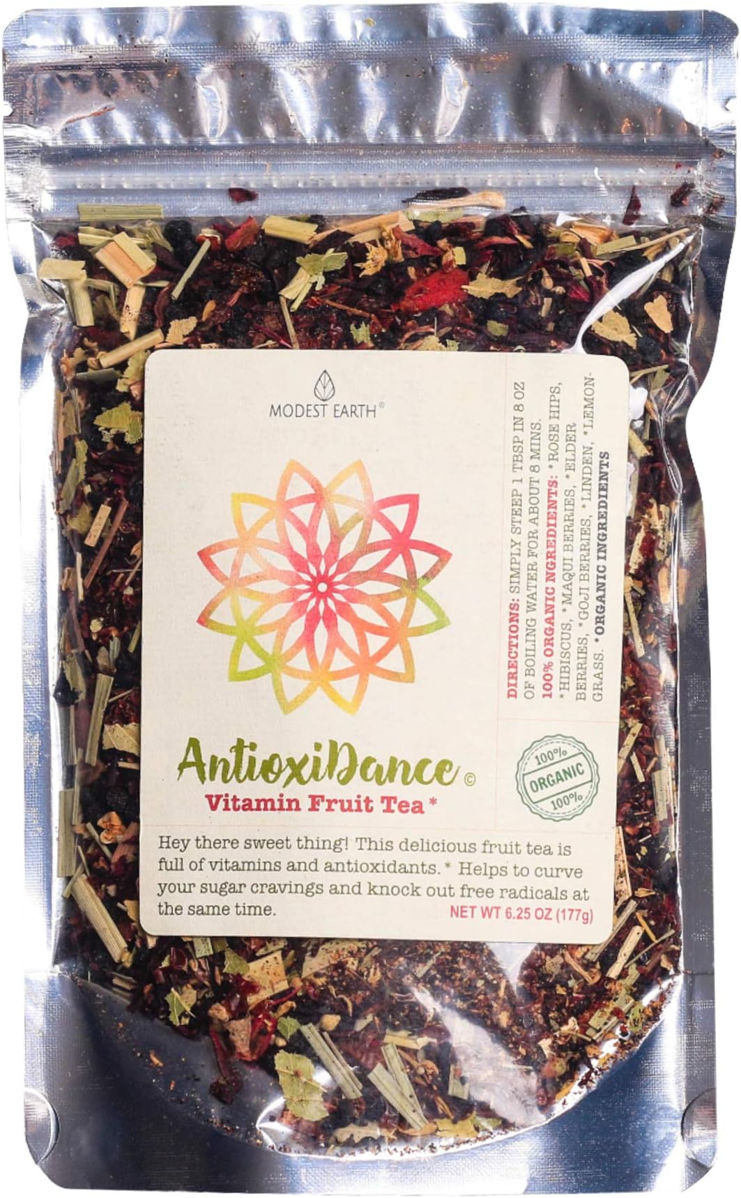 Modest Earth AntioxiDance | 100% ORGANIC Fruit Tea | Hibiscus & Superfood Berries, Vitamin & Antioxidant Rich | Caffeine-Free, ZERO CARBS | Natural AntiAging Home Remedy Drink | 40+ SERVINGS (6.20 OZ)
