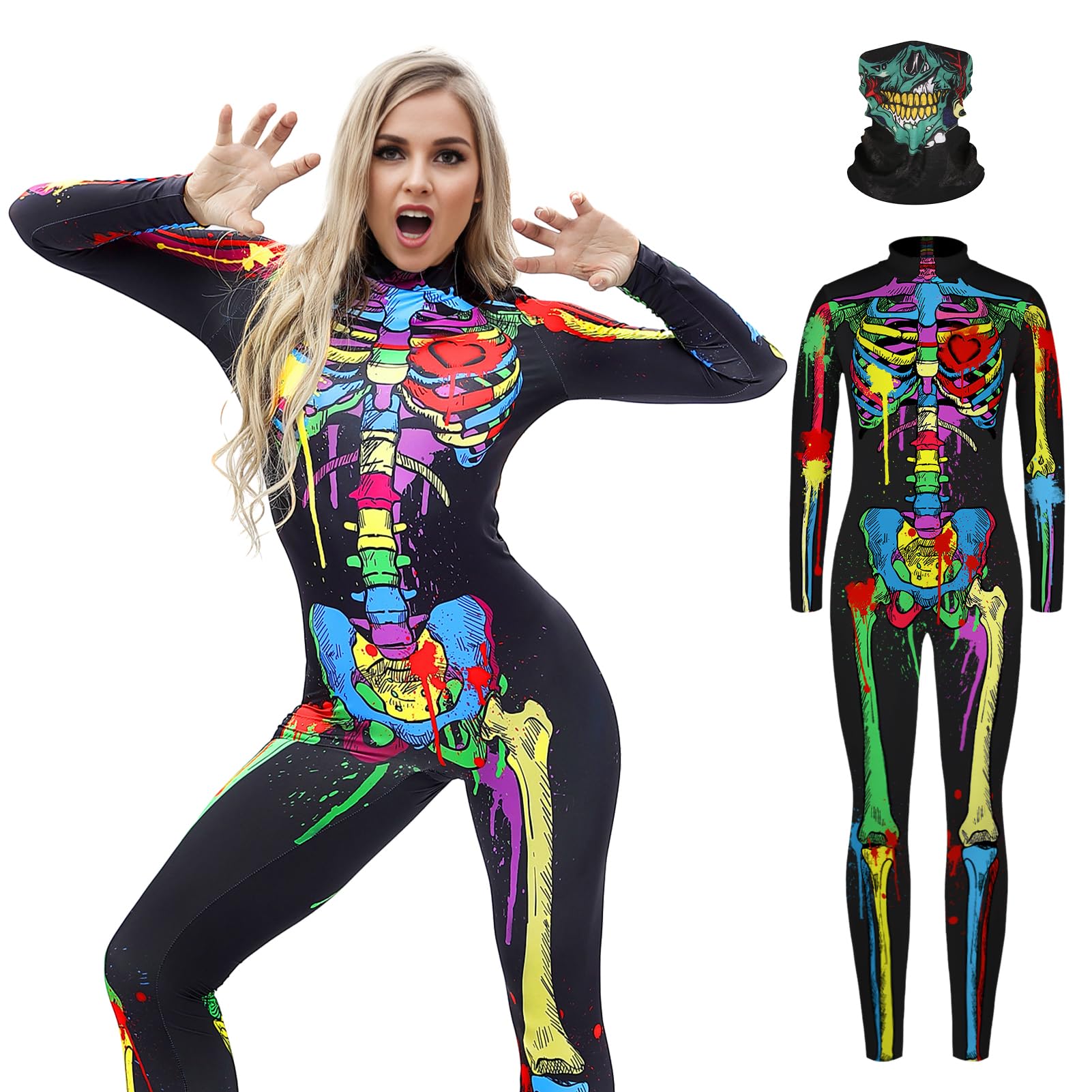 SERTAS Adult Halloween Womens Costume Skeleton Jumpsuit,Womens HalloweenCostume,Halloween Party Costume Skull Print Long Sleeve Jumpsuit Outfit With Skeleton Stickers for Men Women (A, M) — image 1