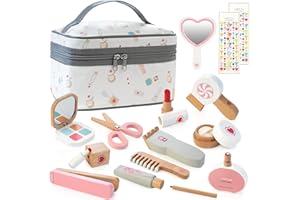 Amtreen Wooden Makeup Toy Set - 18Pcs Pretend Play Makeup Kit for Girls 3-8, Montessori Beauty Salon Role Play with Storage Bag, Birthday for Girls