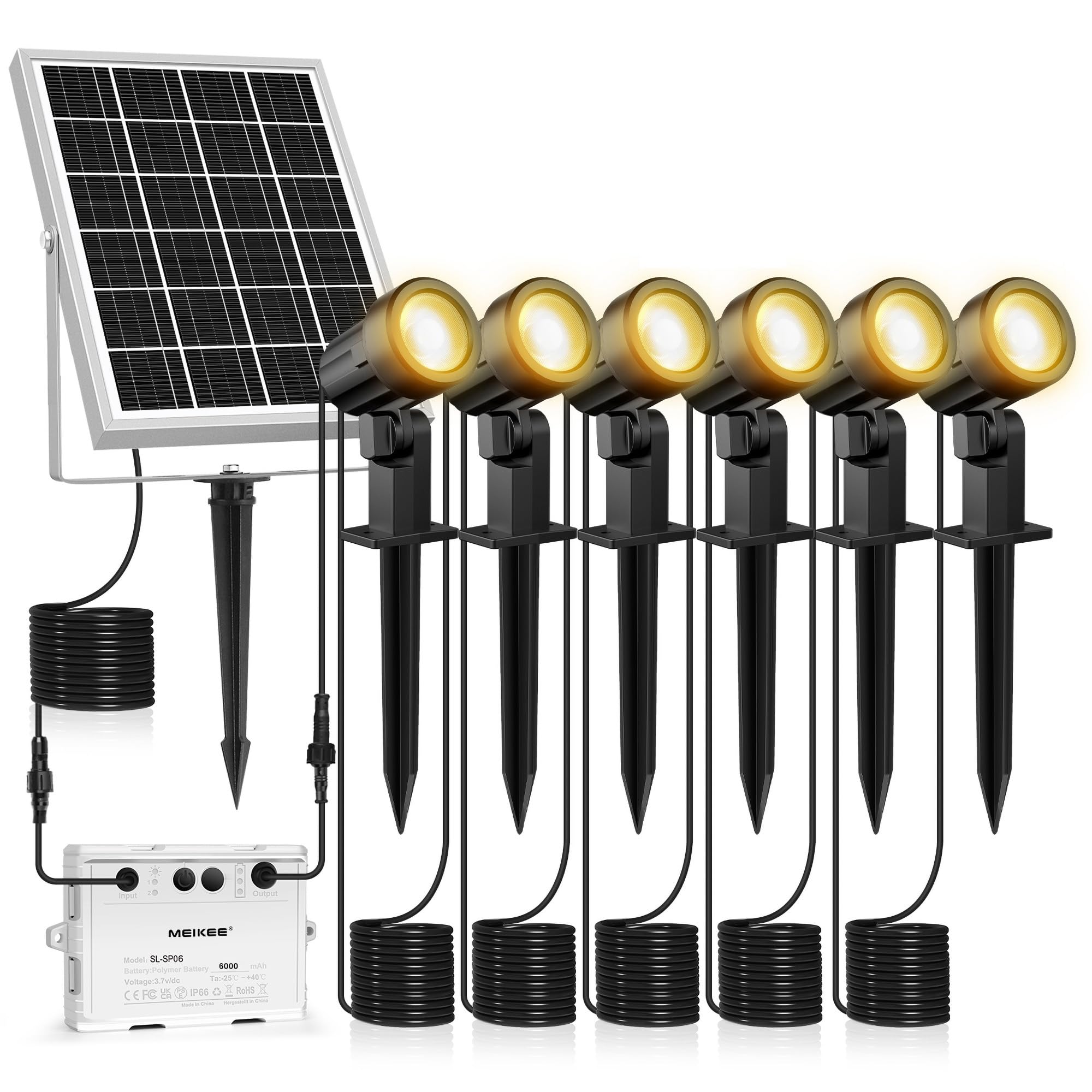 MEIKEE 6 in 1 Solar Spot Lights Outdoor Garden – Warm White 2700K Dimmable LED Lighting, IP66 Waterproof Spike Lights with Dusk to Dawn Auto On/Off, Breathing & Strobe Modes for Yard Lawn Trees Path