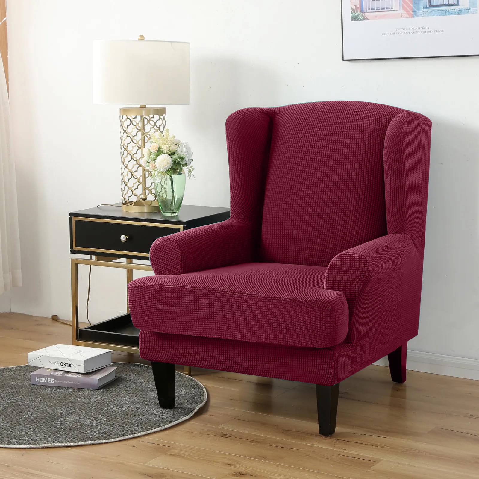 PETCUTE Wing Chair Slipcovers Armchair Covers with Ears Stretch Wing Chair Covers Jacquard Furniture Protector Wine red