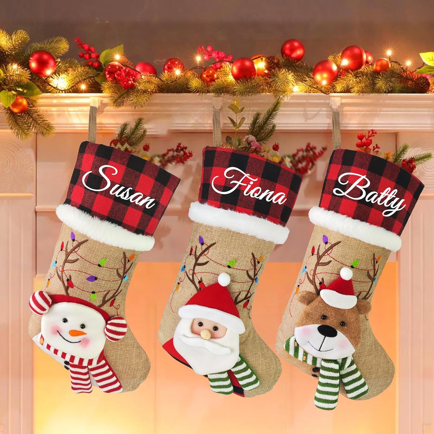 Stockings & Holders - Personalized Family Christmas Stockings, Custom Christmas Stockings With Name, Burlap Plaid Xmas 3D Snowman/Deer/Santa Stockings Gifts For Kids Christmas For Stairs Fireplace Hanging Home Decor