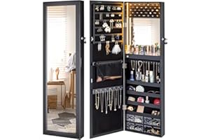 LUXFURNI Mirror Jewelry Cabinet 79 LED Lights Wall-Mount/Door-Hanging Armoire, Lockable Storage Organizer w/Drawers (Black)