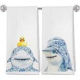 OFJE Funny Shark Bathroom Hand Towels Set of 2, Kids Bathroom Decor, Gifts for Shark Lovers, Blue Floral Rubber Duck Coastal Ocean Animal Decorative Hand Towel for Washroom Restroom, 16x24 Inches