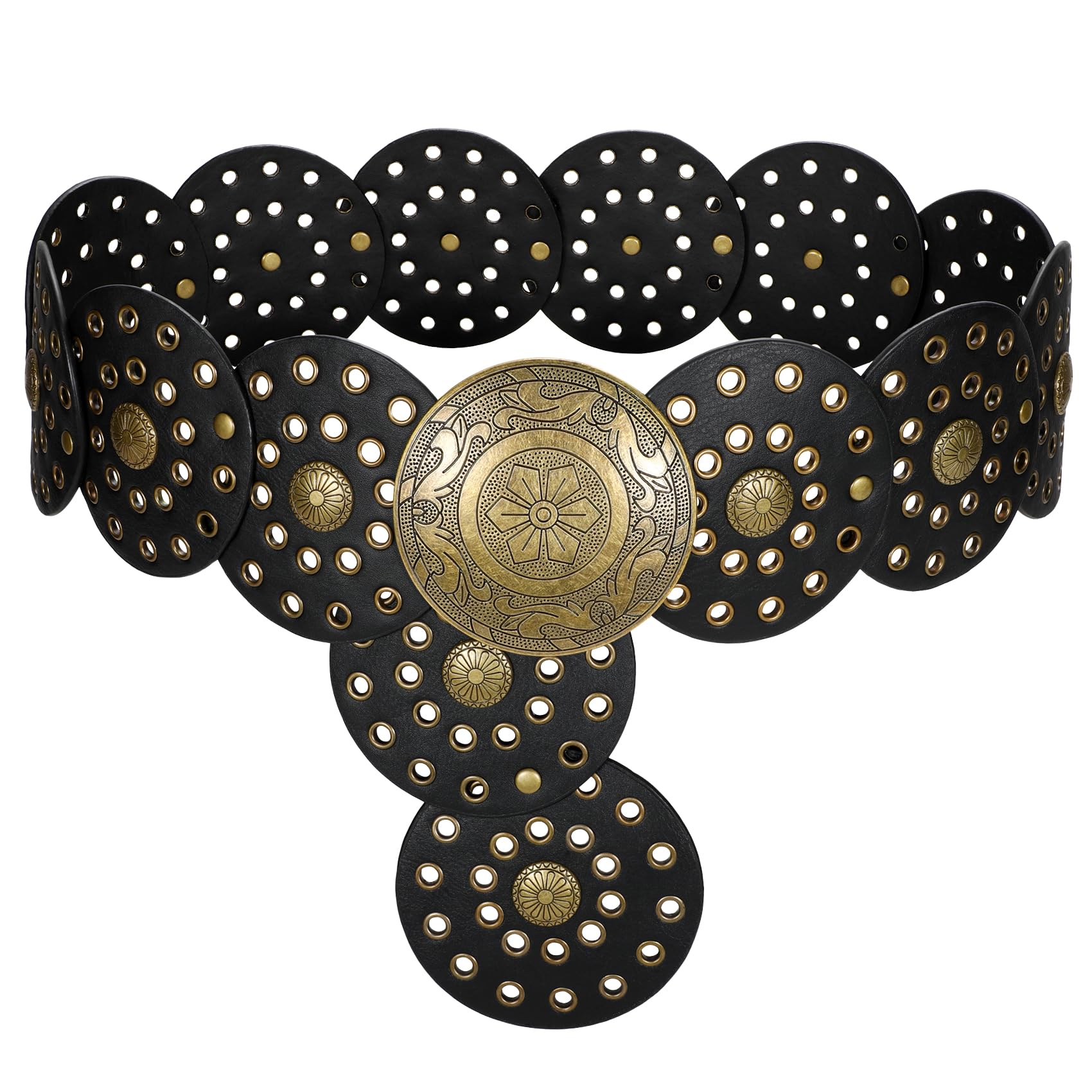 Photo 1 of LEACOOLKEY Women's Boho Disc Belt Wide Western Leather Belt Vintage Concho Waist Belts for Dress Jeans