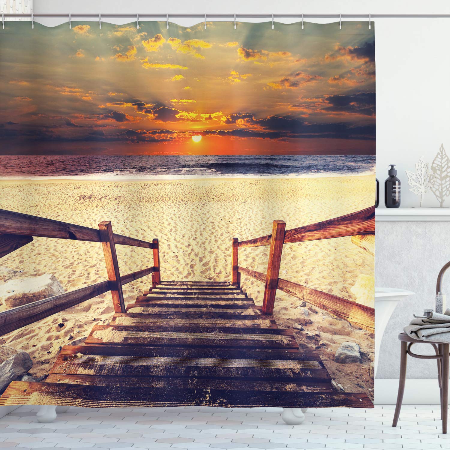 ABAKUHAUS Beach Shower Curtain, Stairs Lead to the Beach with Dramatic Horizon Scenery Magic Skyline Solitude Print, Cloth Fabric Bathroom Decor Set with Hooks, 94 Inches, Orange Cream