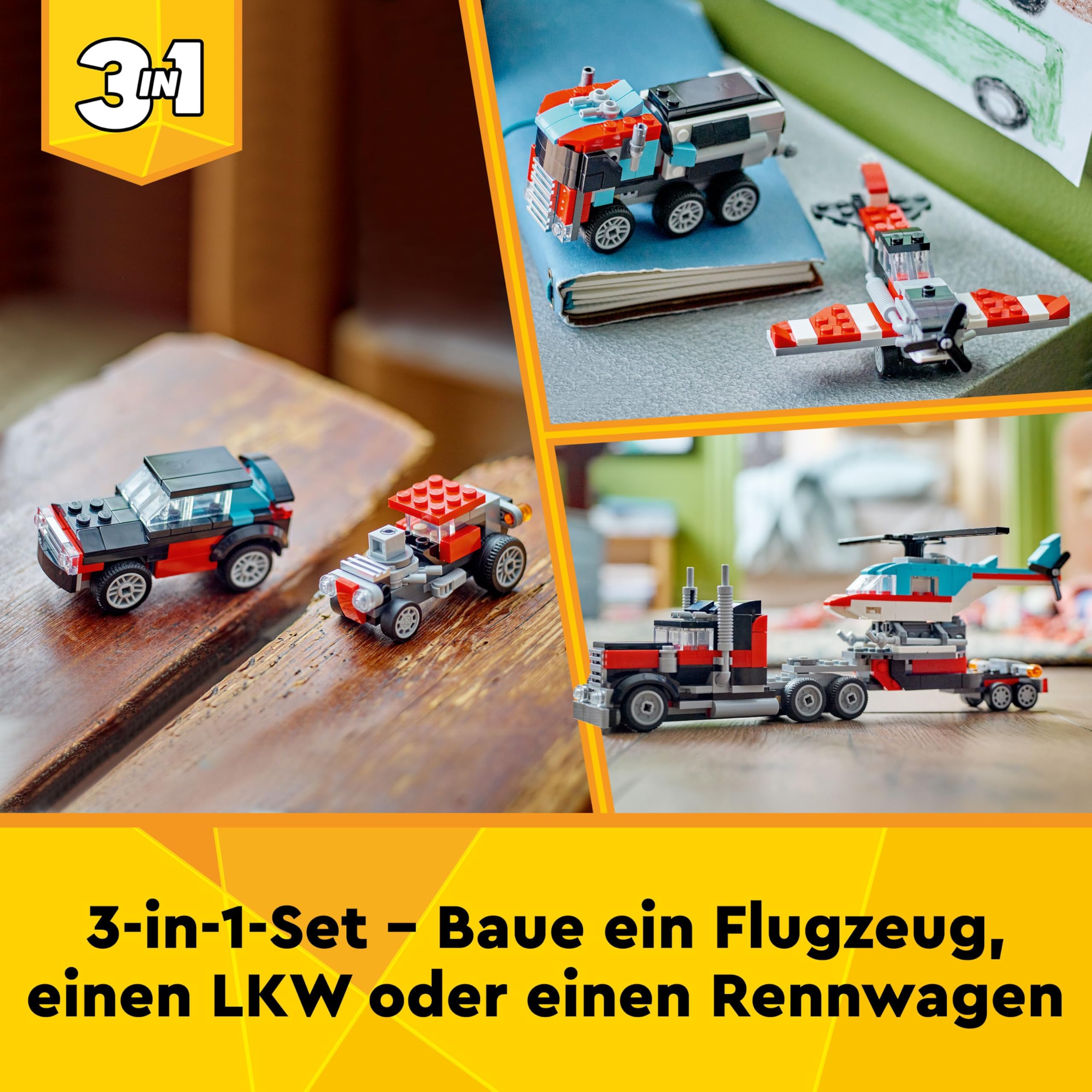 LEGO Creator 3in1 Flatbed Truck with Helicopter Toy to Propeller Plane and Fuel Lorry to Hot Rod and SUV Car Toys for 7 Plus Year Old Boys, Girls and Kids who Love Cool Vehicles, Gift Idea 31146 6