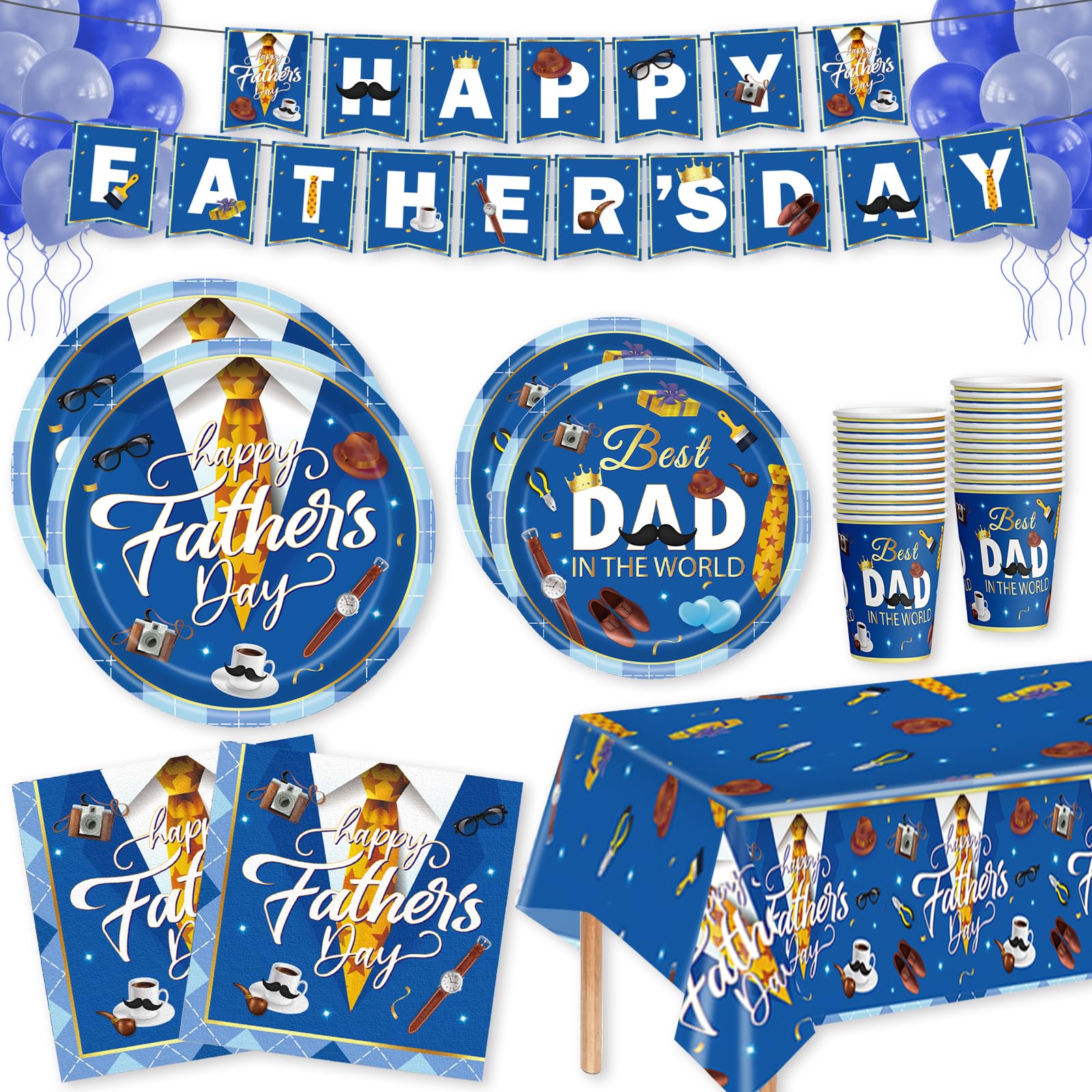 Photo 1 of 102 Pcs Happy Fathers Day Decorations, Father's Day Party Tableware, Disposable Plates, Cups, Napkins, Tableware, Happy Father's Day Party Supplies Fathers Day Tableware for 20 People