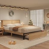 GarveeHome Rattan Full Bed Frame with 2 Storage Drawers and Led Lights | Storage Headboard, Strong Wood Slats Support, Noise Free, No Box Spring Needed, Boho Platform Bed