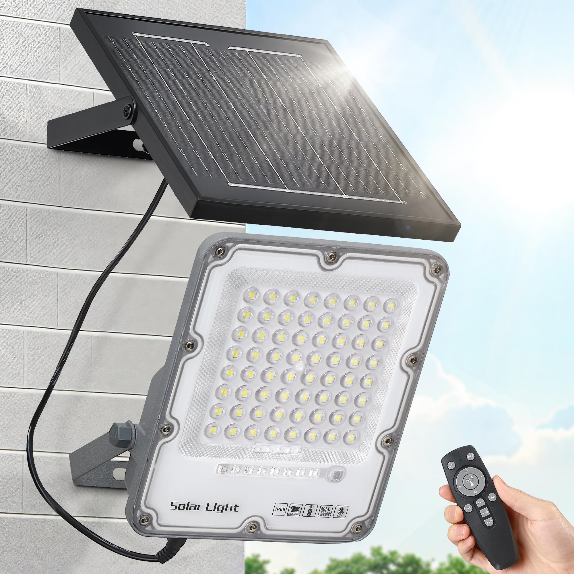 Photo 1 of 100W Solar Flood Light Outdoor Waterproof, 24000LM 6500K LED Solar Street Light with Remote, Dusk to Dawn Solar-Powered Lamp, Split Type Security Lighting with 13FT Cable for Parking Lot Yard Garage