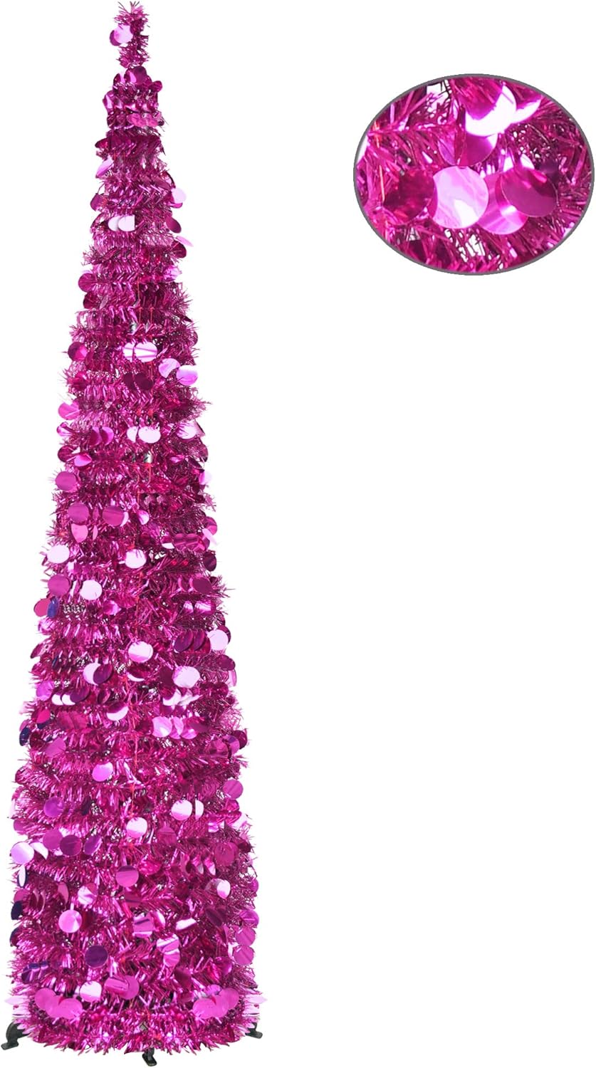 Amazon Com Yuqi 5ft Pop Up Christmas Pink Tinsel Trees Collapsible Reusable Artificial Pencil Xmas Slim Tree Easy Assembly With Plastic Stand For Home Apartment Store Wedding Decoration Home Kitchen