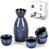 DUJUST 5 pcs Japanese Sake Set, Kiln Altered Glaze Porcelain Sake Set, 1 Bottle, 4 Cups &amp; 1 Gift Box, Warm Carafe, Special Japanese Gift Set - darkblue