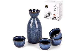 DUJUST 5 pcs Japanese Sake Set, Kiln Altered Glaze Porcelain Sake Set, 1 Bottle, 4 Cups & 1 Gift Box, Warm Carafe, Special Ja
