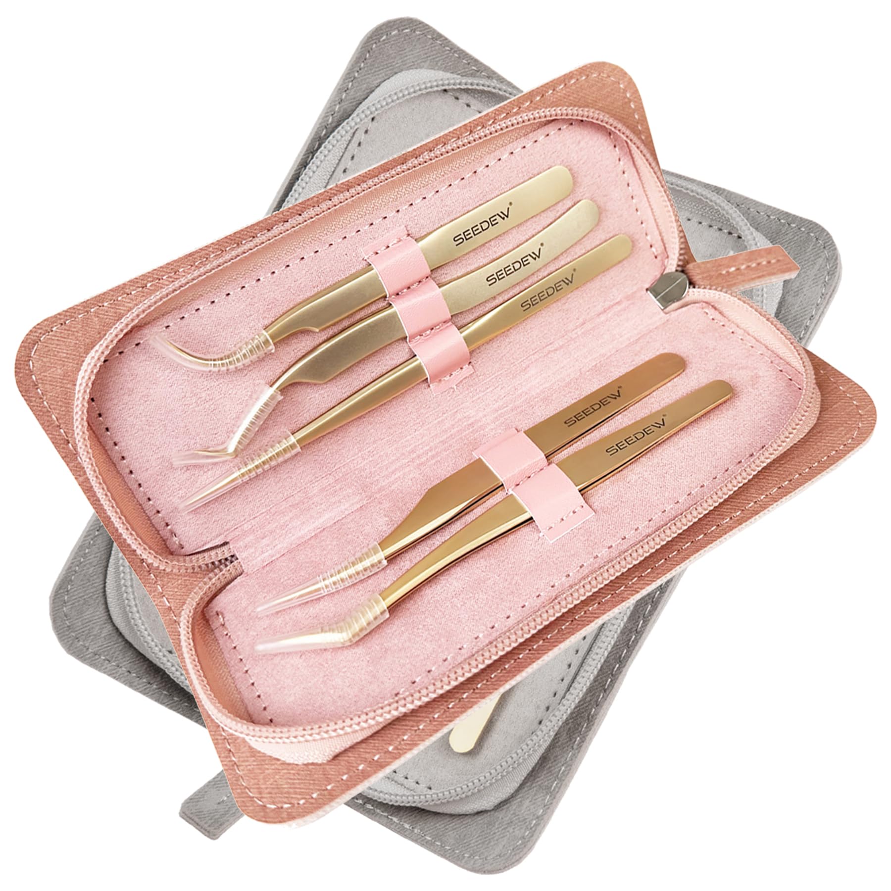 SEEDEW Eyelash Extension Tweezers Set (1 Case + 5 Stainless Steel Tweezers), Professional Straight and Curved Tweezers for Eyelash Technology, Beginners (Gold, Pink) — image 1