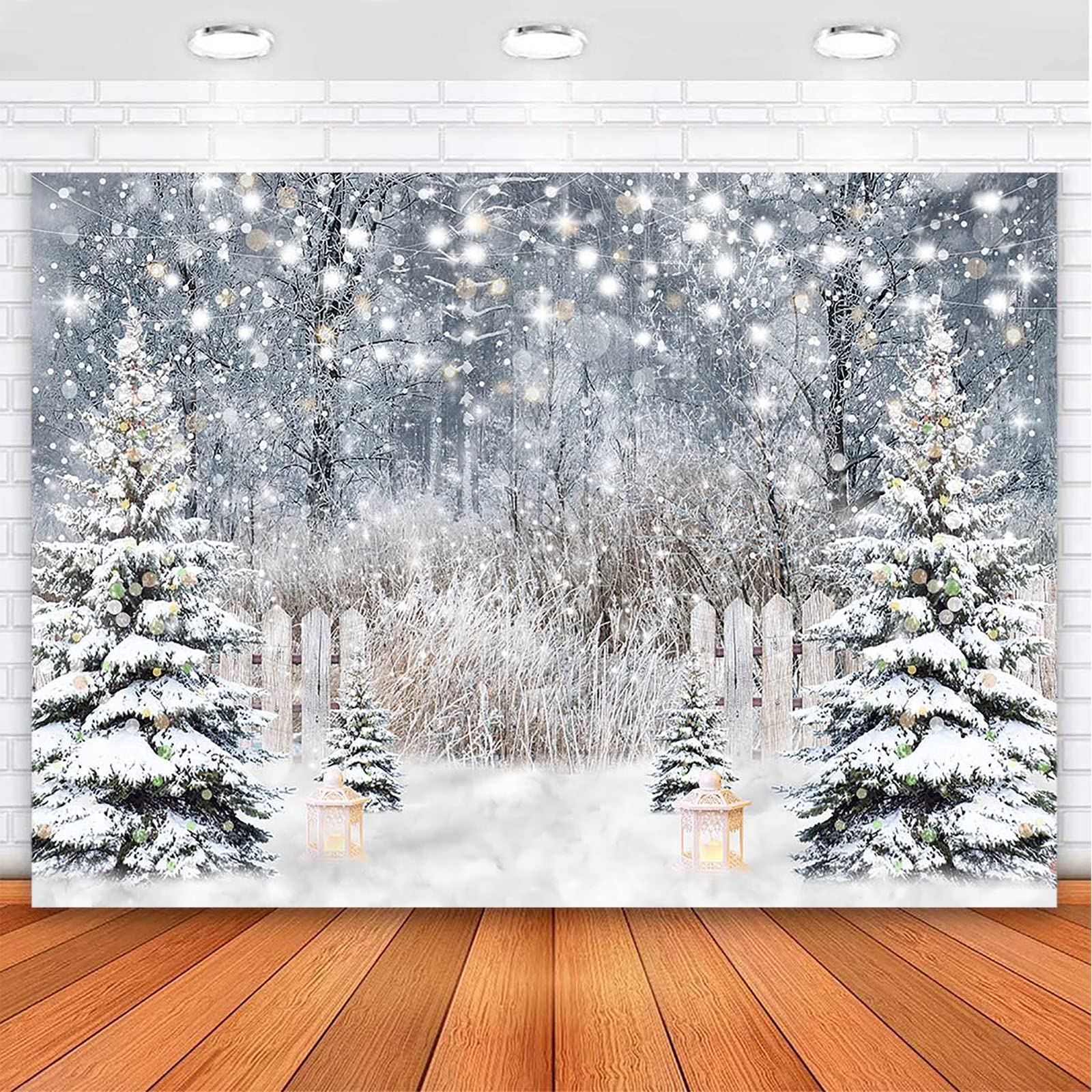 Photo 1 of Avezano 8 x 6 ft Winter Photography Backdrop Glitter Snowy Forest Pine Tree Background Snow Christmas Xmas Holiday Party Decor Banner Portrait Studio Booth Photobooth Props