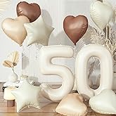 50th Birthday Balloons Decor, Helium Beige Cream Neutral 50 Balloon, Brown Tan White Sand Taupe Heart Balloon with Foil Nude Star 40'' 50 Balloon for Women Birthday Anniversary Party Boho Decoration