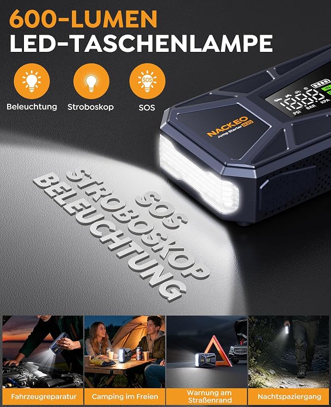 8000A Starthilfe Powerbank mit Kompressor 160 PSI, 12V Auto Starthilfe Powerbank für alle Benzinmotoren und bis zu 12,0L Dieselmotoren, tragbares Starthilfegerät mit 600LM LED-Licht & Starthilfekabeln