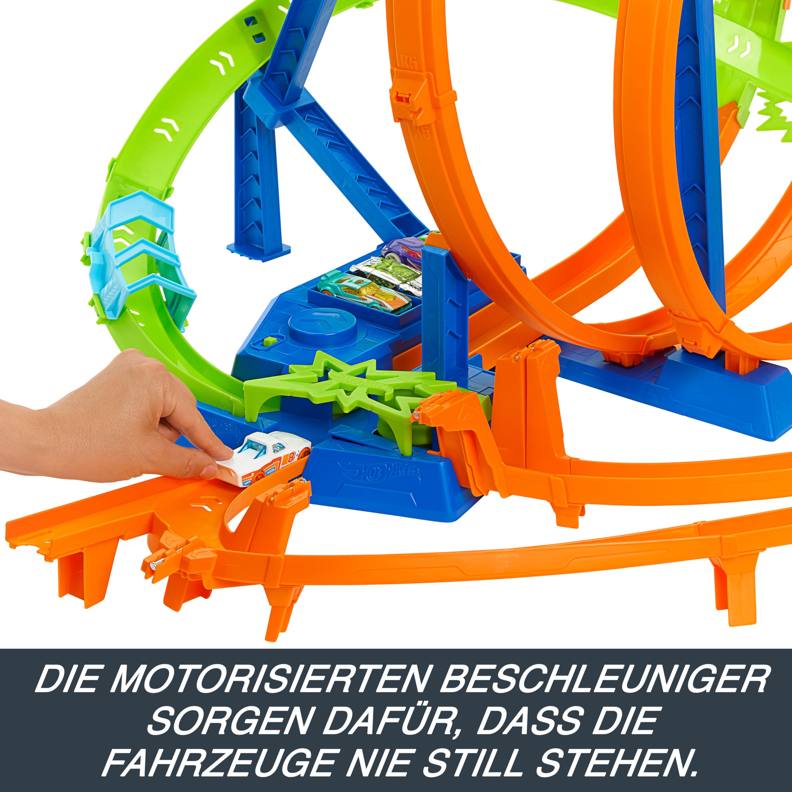 Hot Wheels -Trackset, Episches Crash-Rennen mit 5 Crash-Zonen, motorisiertem Beschleuniger und 1 Hot Wheels Auto im Maßstab 1:64, leicht aufzubewahren, HTP55 3