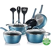 NutriChef 11 Pc Pots and Pans Set - Non Stick Cookware Set with Ceramic Coating, Ergonomic Handles, Induction Ready, Includes Saucepan, Dutch Oven, Large & Small Fry Pans - Royal Blue