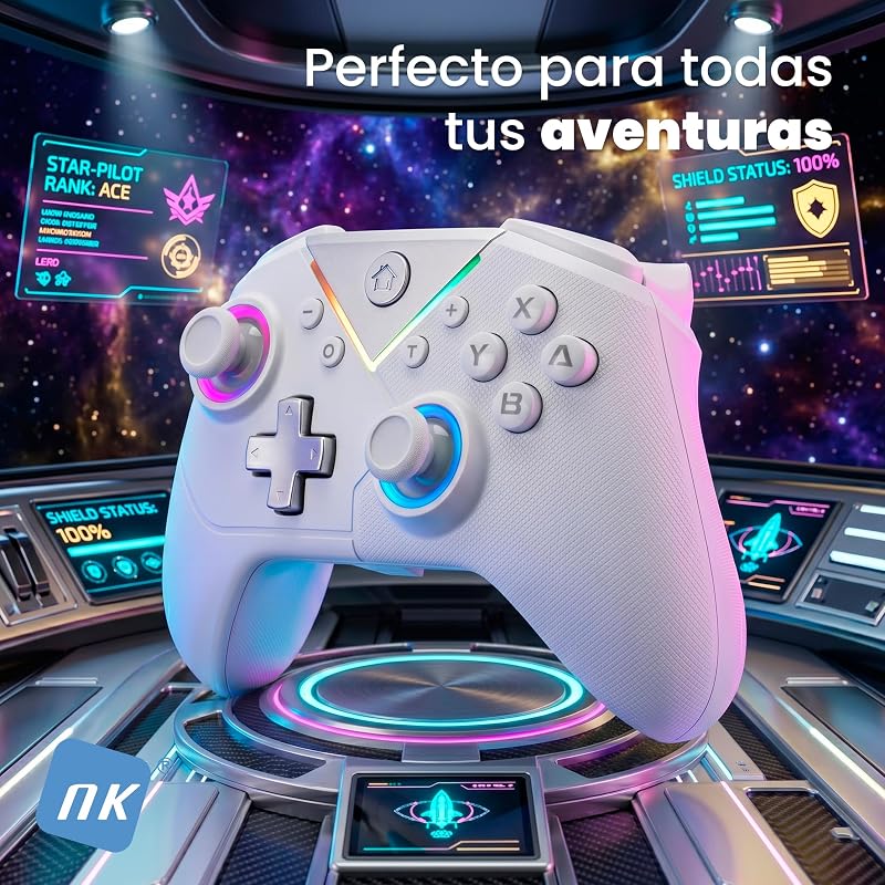 Mando Inalámbrico Bluetooth para PC - Compatible con Switch/Smartphone Android y iOS, 2 Botones Macro, Vibración Dual, 6 Ejes, Luces LED, Color Negro (Blanco)