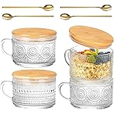 Semderm Vintage Glass Coffee Mugs Set of 4, Overnight Oats Containers with Bamboo Lids and Spoons - 14oz Clear Tea Cups for Cappuccino Latte Americano Cereal Yogurt Beverage