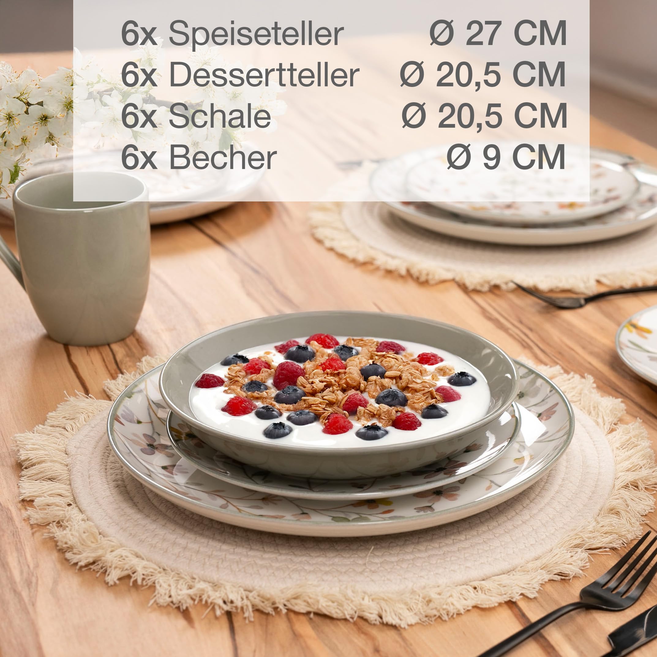 Moritz & Moritz PRIMAVERA Steingut Geschirrset 6 Personen 24-tlg. - Modernes Tafelservice mit verspieltem Design, Pflegeleichtes Kaffeeservice mit Teller Set, Schüsseln & Tassen - Kombiservice 3