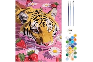 MEIYUDA Tiger Paint by Numbers Kit, Strawberry Paint by Numbers for Adults Beginners, DIY Pink Modern Vintage Acrylic Oil Pai