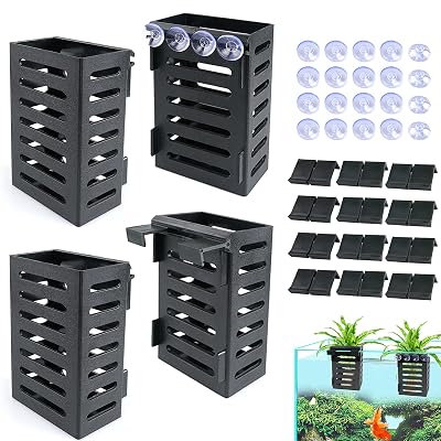 Uprony Aquarium Plant Holder 4 PCS Hanging Aquatic Plant Pot with 24 Hooks and 20 Suction Cups for Fish Tank Aquarium Planter and Aquascape Decorations (Black)