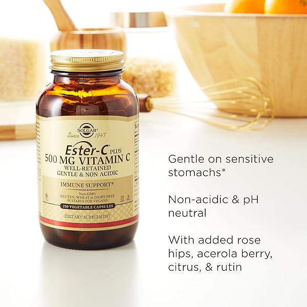 SOLGAR ESTER-C PLUS 500 MG VITAMIN C (ASCORBATE COMPLEX), 100 VEGETABLE CAPSULES – GENTLE & NON ACIDIC – ANTIOXIDANT & IMMUNE SUPPORT – NON GMO, VEGAN, GLUTEN-FREE, KOSHER – 100 SERVINGS