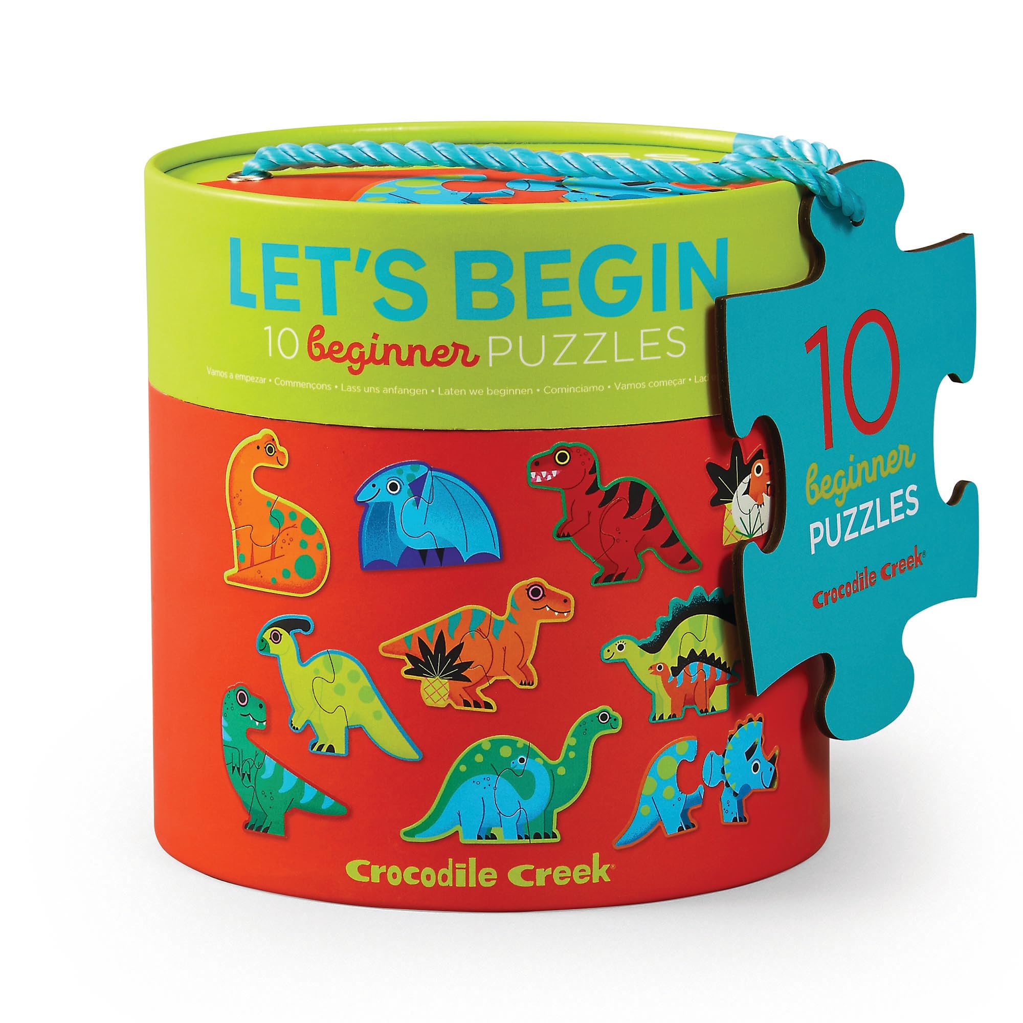 Crocodile Creek Let’s Begin Puzzle, Ten 2-Piece Beginner Puzzles for Ages 2+, Heavy-Duty Canister for Storage, Each Puzzle is Approximately 6 x 4 inches, Colorful Dinosaurs Design