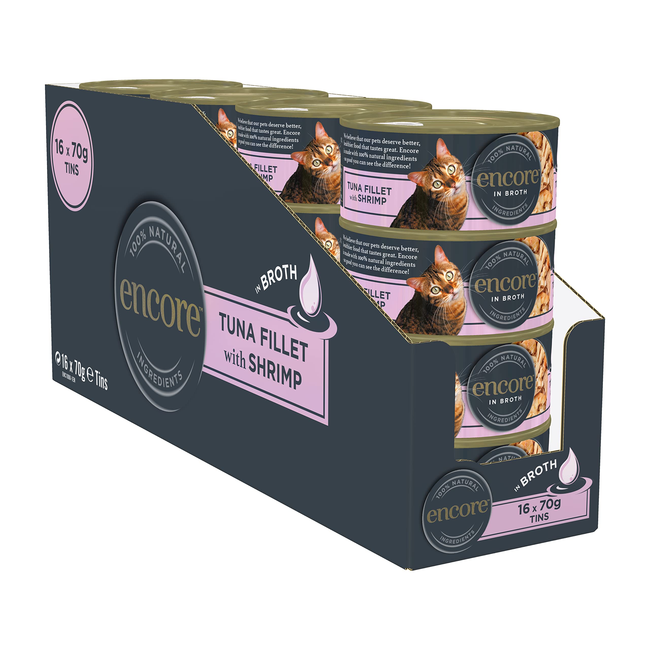 Encore 100% Natural Adult Wet Cat Food, Tuna with Shrimp in Broth 70 g Tins (Pack of 16)
